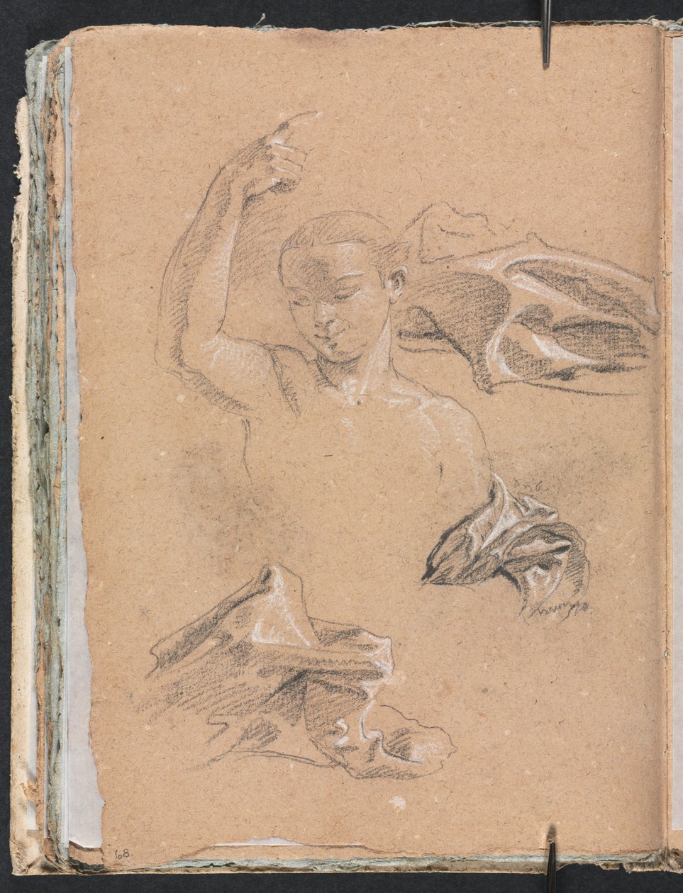Verona Sketchbook: Figura se zdviženou pravou paží a studiemi závěsů, strana 68, 1760. od Francesco Lorenzi