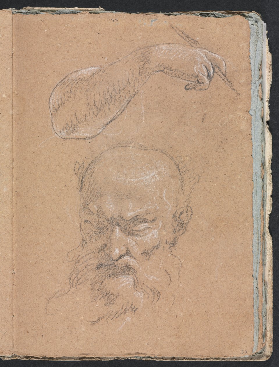 Verona Sketchbook: Hlava vousatého muže a pravá paže a ruka strana 59, 1760. od Francesco Lorenzi