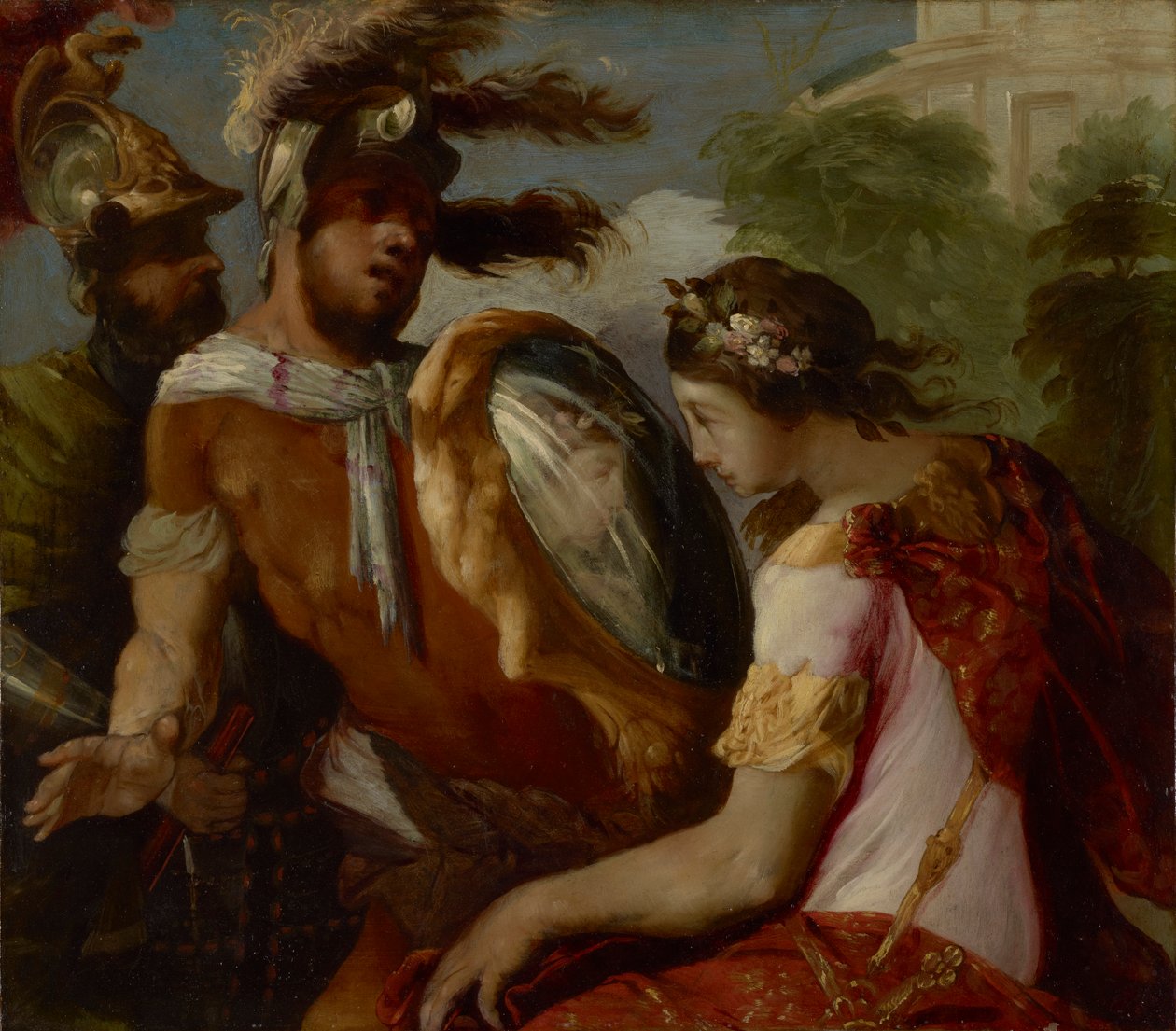 Rinaldo a zrcadlový štít, asi 1650-55 (olej na mědi) od Francesco Maffei