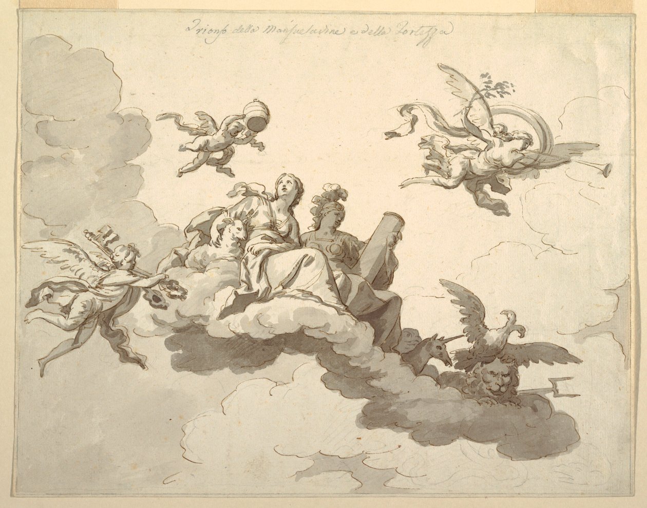 Kresba, návrh malovaného stropu: Vítězství mírnosti a síly, asi 1780. od Francesco Manno