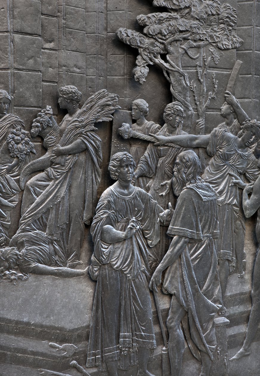 Základna představující Alessandra Farnese přijímající velvyslance anglické královny Alžběty, detail sochy Alessandra Farnese od Francesco Mochi