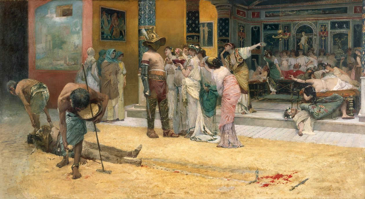 Gladiátorský boj během večeře v Pompejích od Francesco Netti