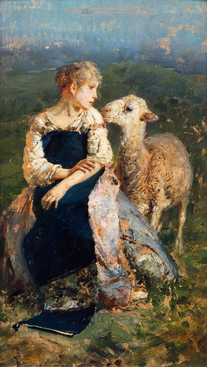 Pastýřka nebo dívka s kozou (olej na plátně) od Francesco Paolo Michetti