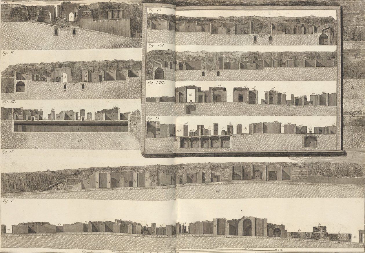 Průřezy, které ukazují různé aspekty budov zobrazených v plánu Pom..., 1804. od Francesco Piranesi