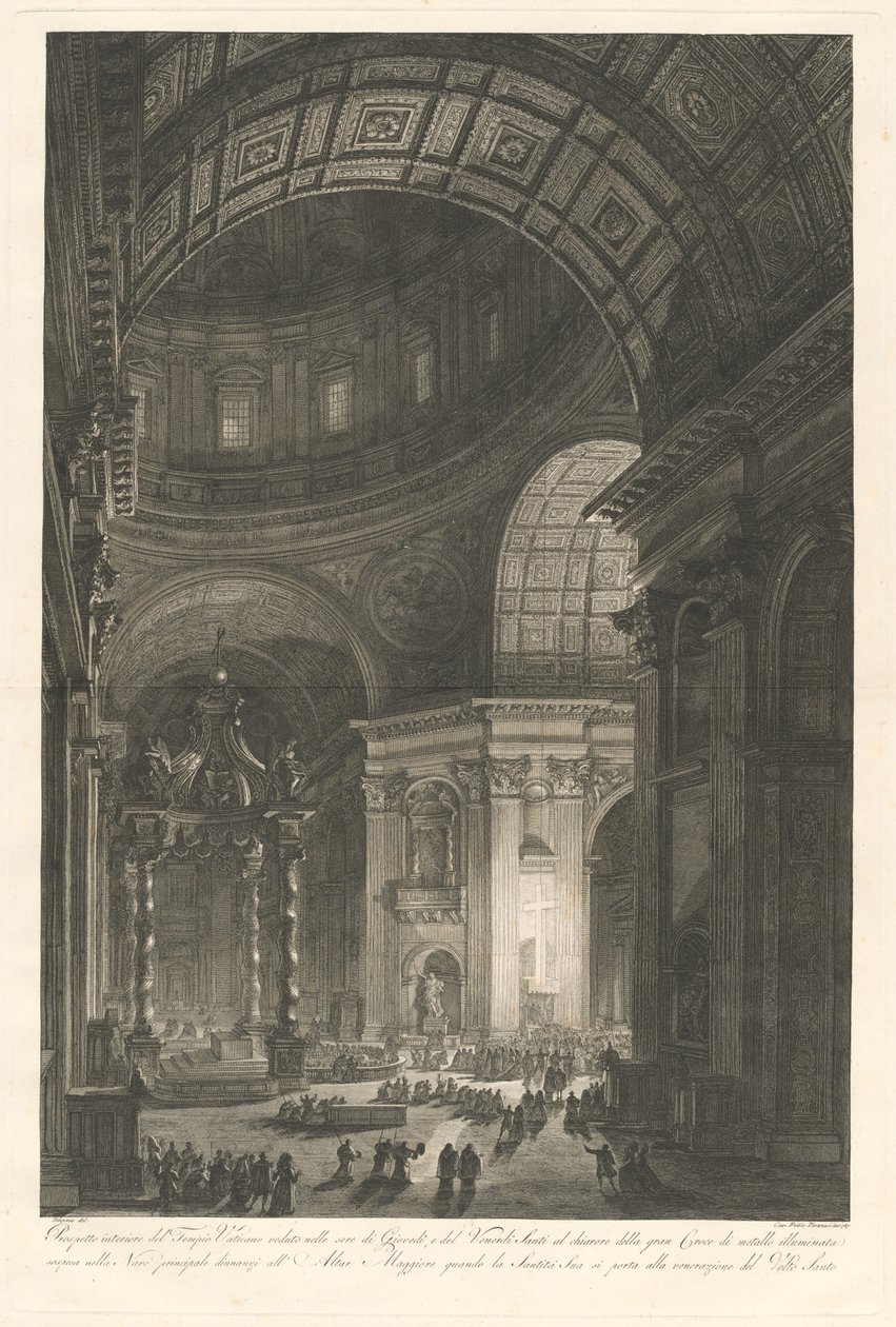 Interiér kostela sv. Petra s osvícením kříže sv. Petra od Francesco Piranesi