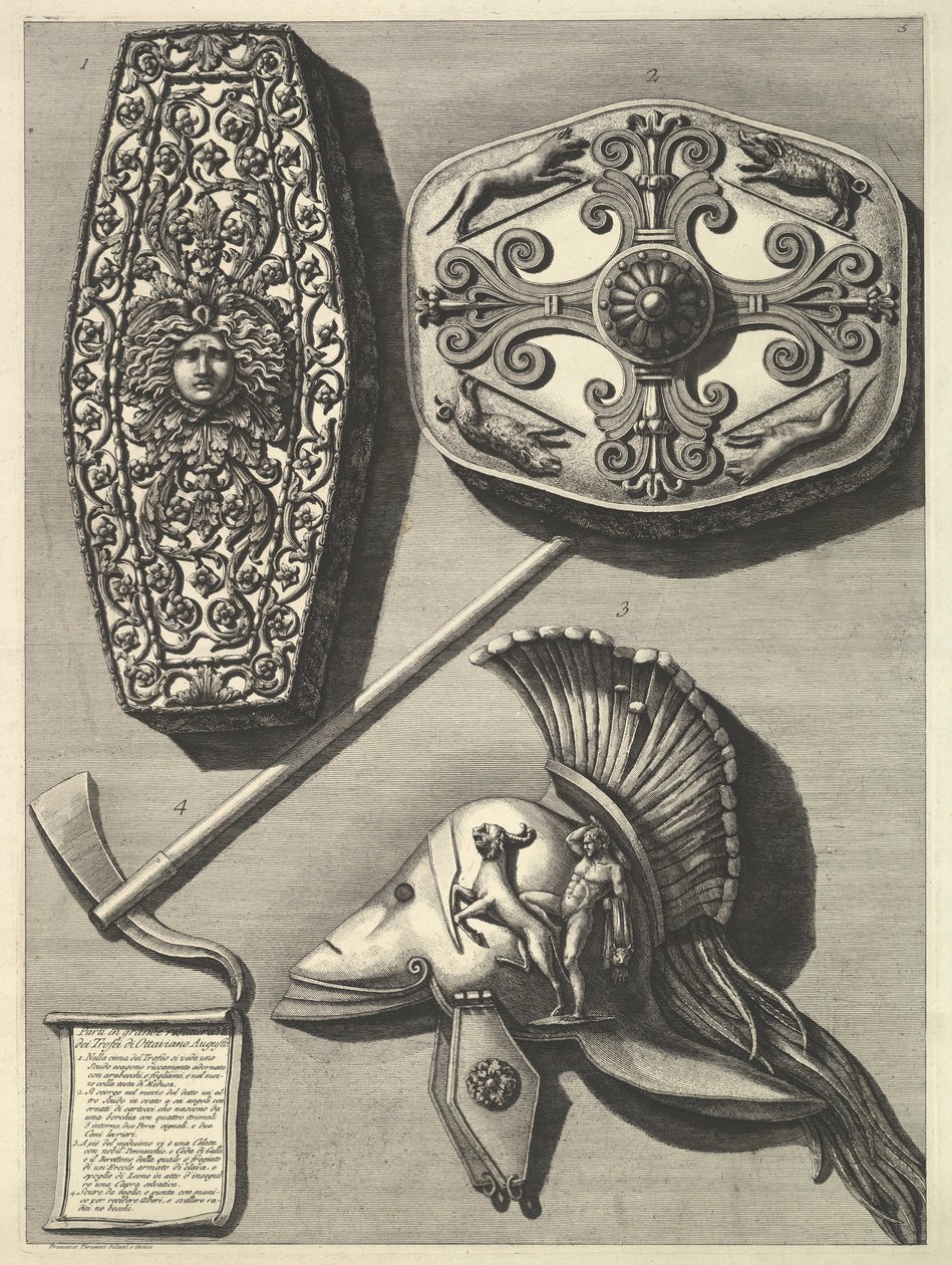 Části ve velkém restaurovány Trofei de Ottaviano Augusto Obnovený detail Tro ..., ca. 1753. od Francesco Piranesi