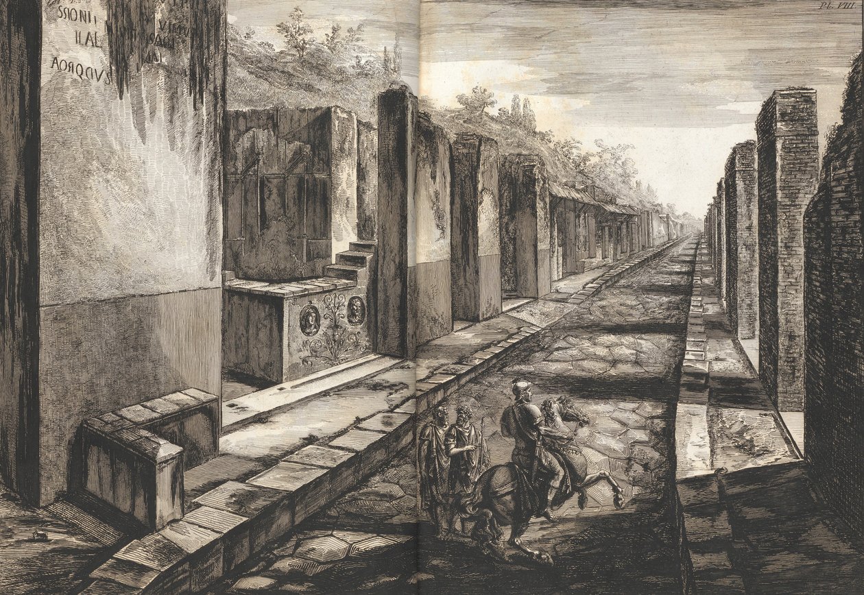 Pohled z ulice, která vstupuje pod bránu do města Pompeje, s chodníkem..., 1804. od Francesco Piranesi