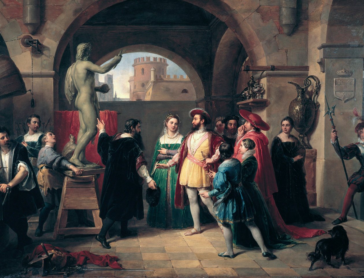 Francouzský král František I. (1494-1547) navštíví studio Buenvenuto Cellini (1500-1571) v Římě. Malíř daruje králi sochu svatého Jana Evangelisty Anonymní obraz. Roma, Galleria Nazionale d
