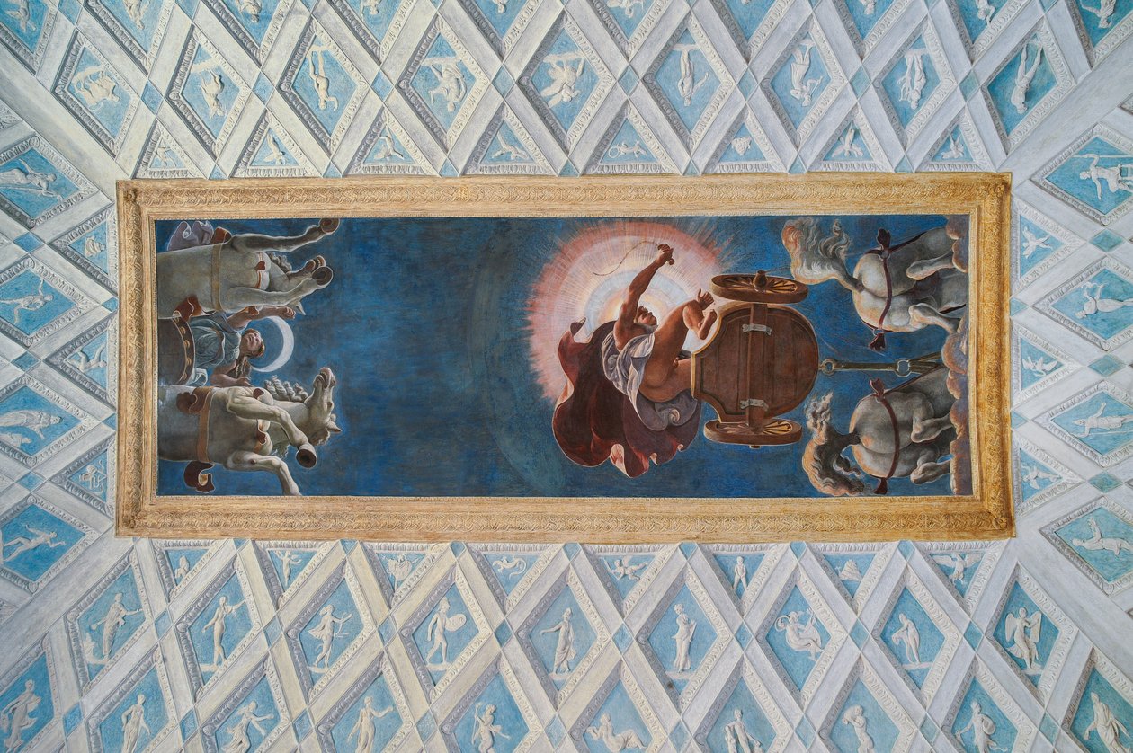 Komora Slunce a Měsíce (Camera del Sole e della Luna): vozy Slunce a Měsíce řízené Dianou a Apollem od Francesco Primaticcio