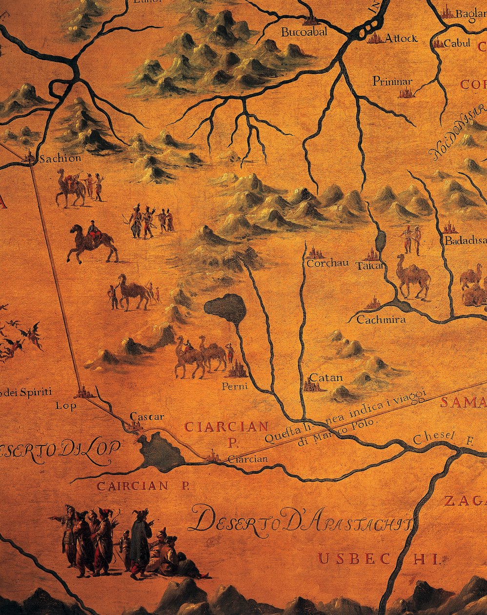 Detail cesty Marca Pola přes východní pouště, mapa Tartárie od Francesco and Ramusio Giovan Battista Grisellini