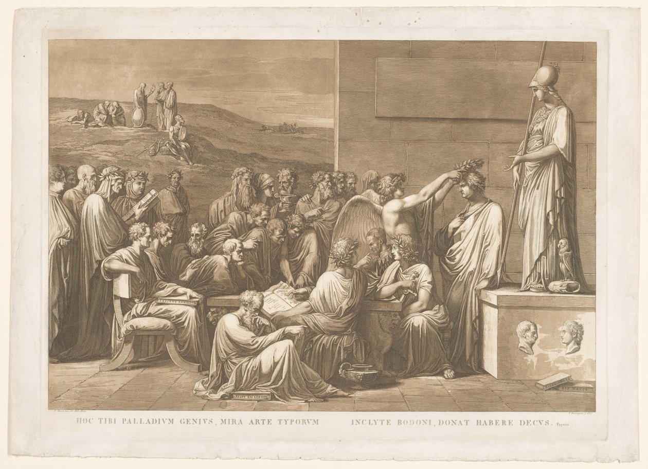 Allegorische verheerlijking van de boekdrukker Giovanni Battista Bodoni Tento palladium génius, úžasné umění typů / slavný Bodoni, vám dává tu čest (titul na předmětu) od Francesco Rosaspina