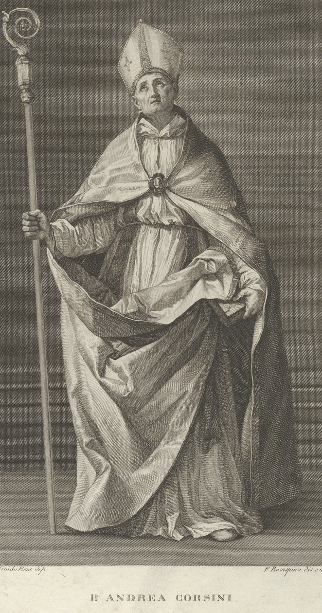 Saint Andrea Corsini oblečený jako biskup z Fiesole, drží berlu a dívá se ..., ca. 1780-1841. od Francesco Rosaspina