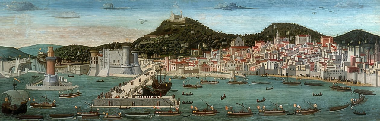 Tavola Strozzi. Pohled na Neapol, aragonská flotila vplula do přístavu 12. července 1465 od Francesco Rosselli