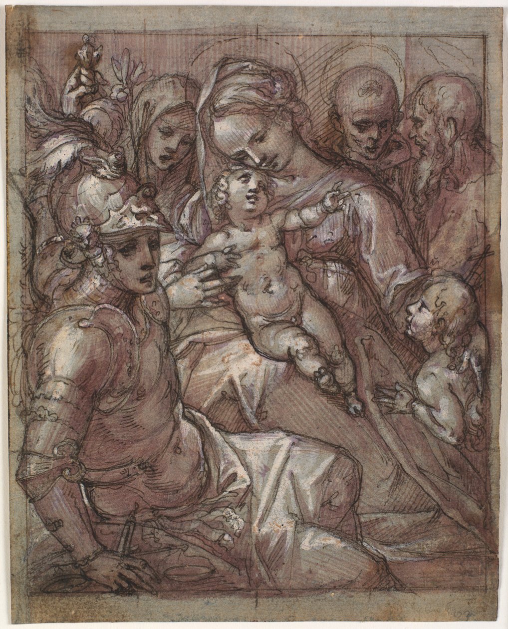 Panna Maria a Ježíšek s Janem Křtitelem jako chlapec, Bernardino ze Sieny (?), Kateřina Sienská, archanděl Michael a vousatý světec od Francesco Rustici