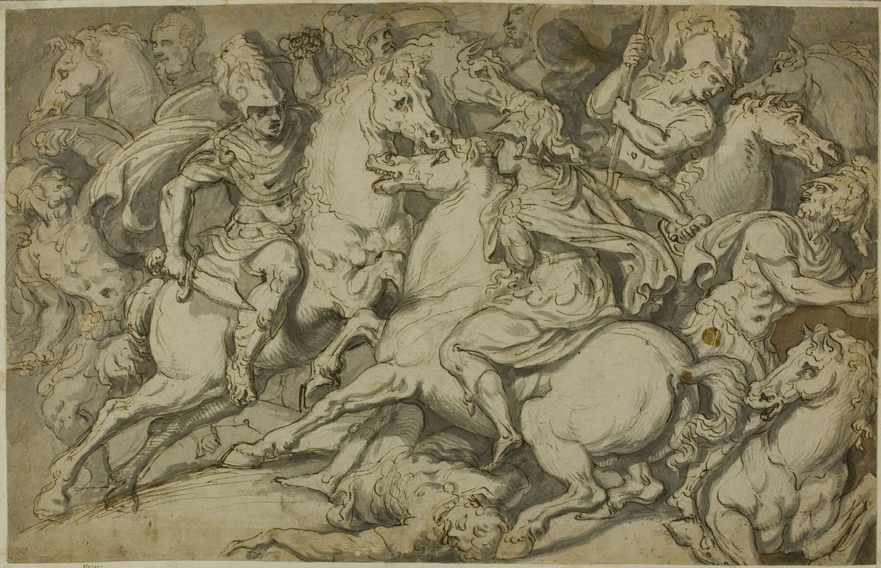 Jezdecká šarvátka (recto); klečící Ecorché (verso) od Francesco Salviati