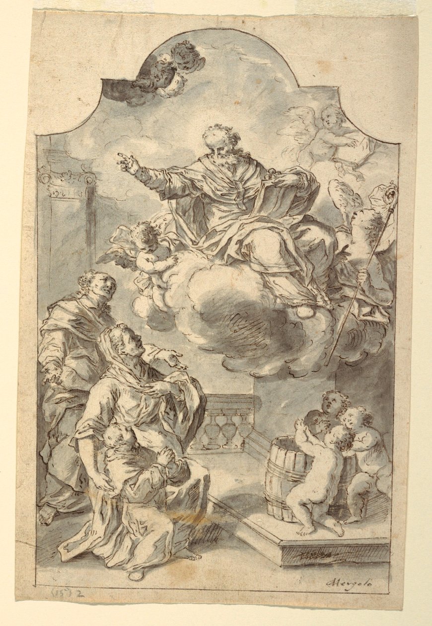Kresba, Votivní obraz chlapce, který rodiče věnovali svatému Mikuláši z Bari, konec 18. století. od Francesco Saverio Mergolo