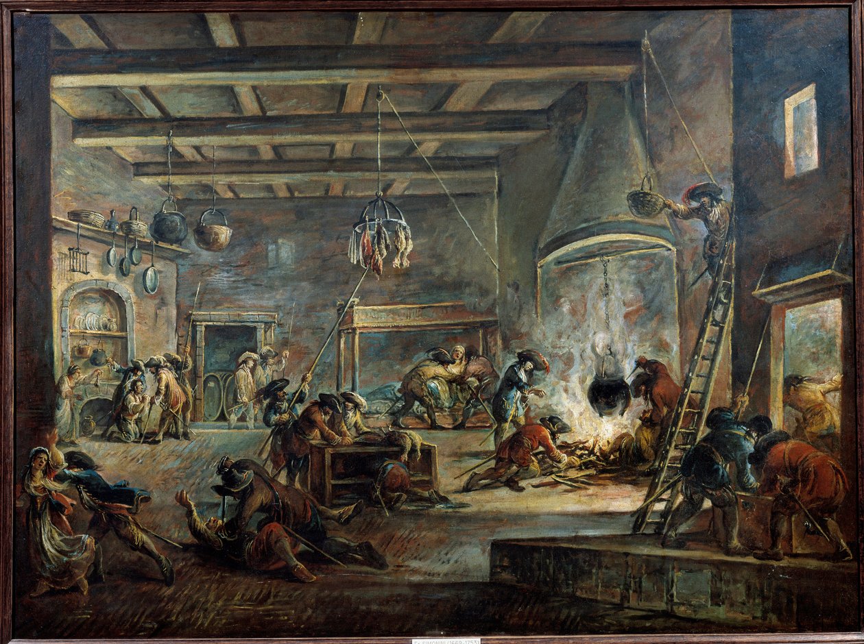 Vyrabování farmy. Obraz Francesca Simoniniho (1686-1753) realizovaný podle Jacquese Callota od Francesco Simonini