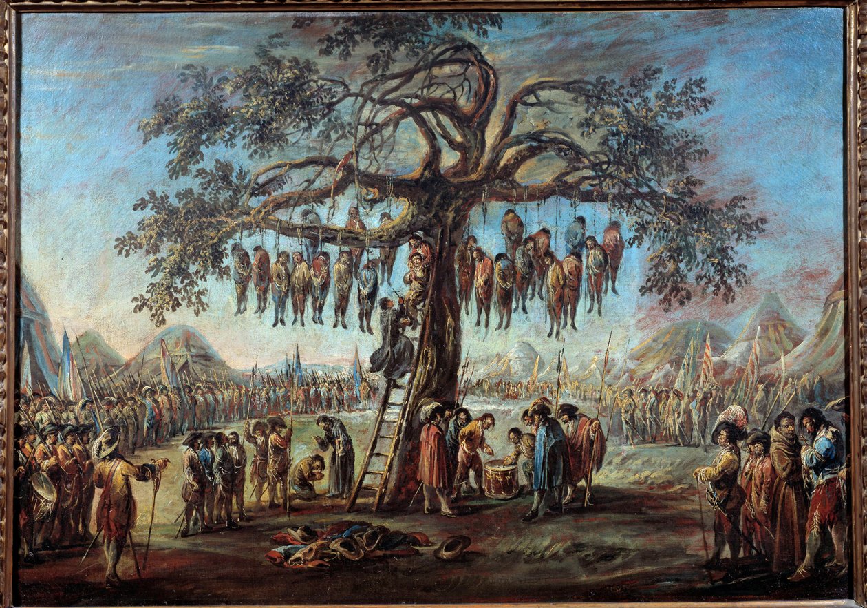 Oběšený strom Děsivá podívaná představující odsouzence jdoucí mučit zavěšením na větve stromu. Ilustrace inspirovaná rytinou ze série „Les miseres de la guerre““ od Jacquese Callota (1592-1635). Obraz od Francesca Simoniniho ( od Francesco Simonini