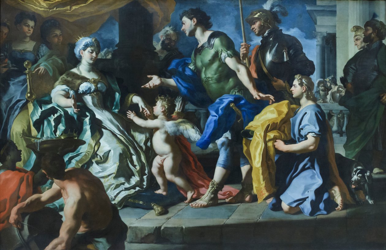 Dido přijímá Aenea a Amora převlečeného za Askania, asi 20. léta 17. století (olej na plátně) od Francesco Solimena