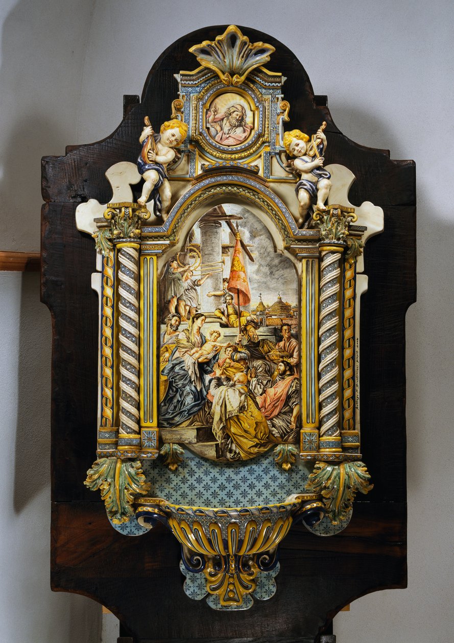 Velká křtitelnice v malované majolice s centrálním výjevem z obrazu Klanění tří králů od Francesca Solimena (1657-1747), Itálie, 20. století od Francesco Solimena
