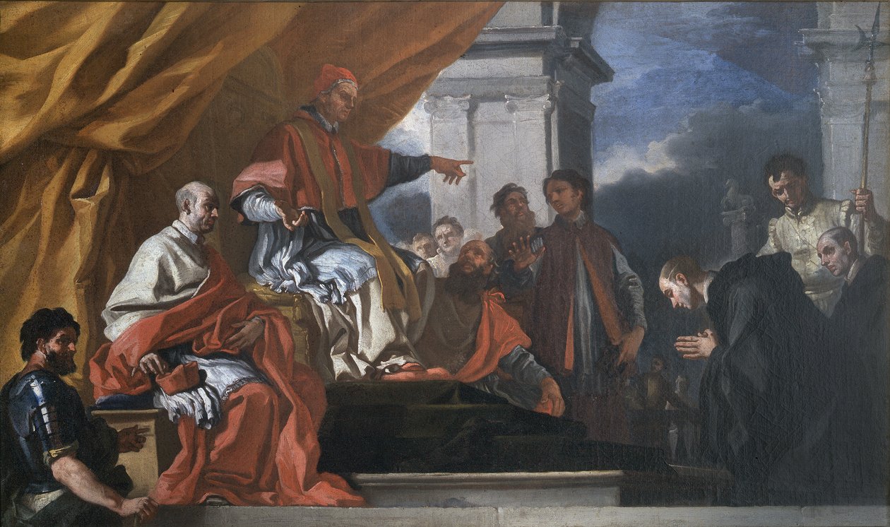 Svatý Willibald žádá papeže Řehoře III. o požehnání, než půjde evangelizovat Sasy od Francesco Solimena