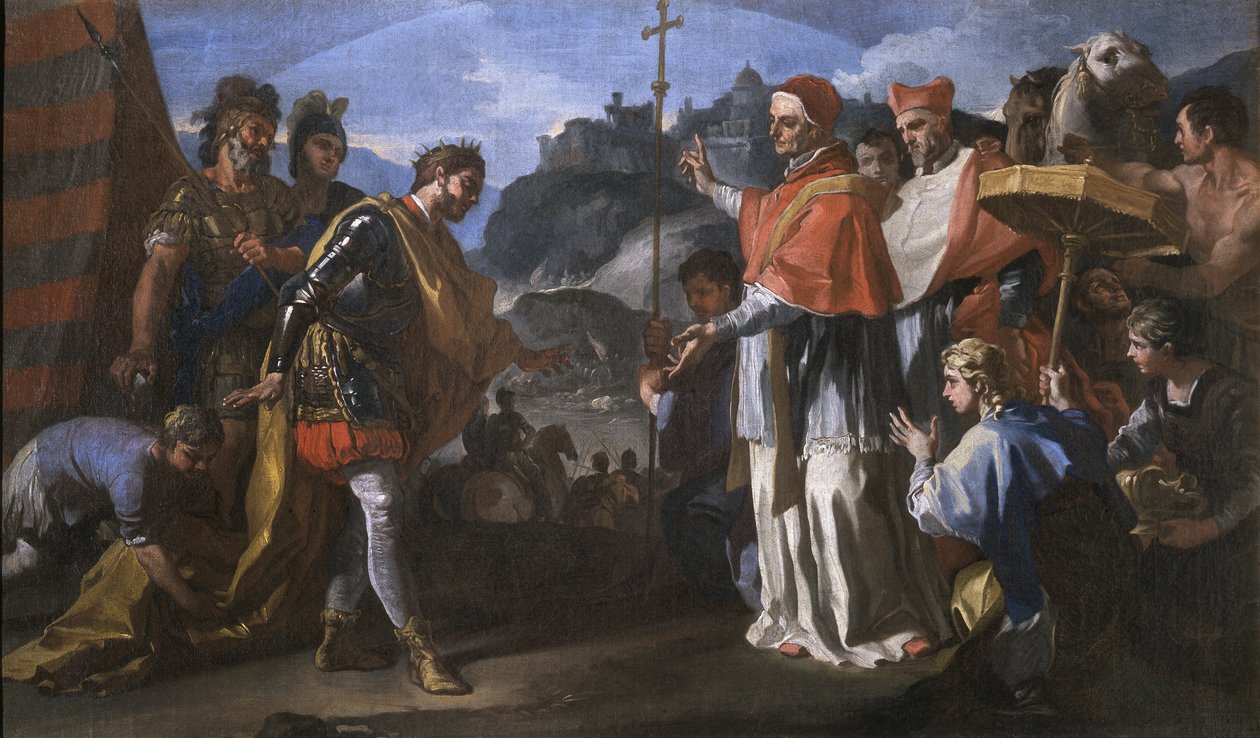 Setkání mezi králem Ratchisem z Longobardů a papežem Zachariášem během obléhání Perugie od Francesco Solimena