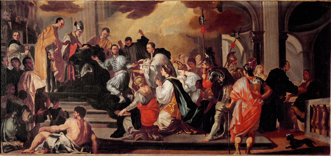 Mnišský hábit lombardského krále Ratchise (Ratgis) (744-749) v klášteře Mount Cassin (Mount Cassin, Monte Cassino) Obraz Francesca Solimena (1657-1747) Museo dell