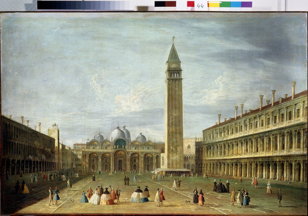 Náměstí svatého Marka (San Marco) (nebo Piazzetta) v Benátkách s bazilikou svatého Marka a Campanile. (Náměstí svatého Marka v Benátkách). Obraz Francesca Tironiho (1745-1797). Olej na plátně, 72 x 109 cm. Benátské umění 18. století. Státní muzeum Archa od Francesco Tironi