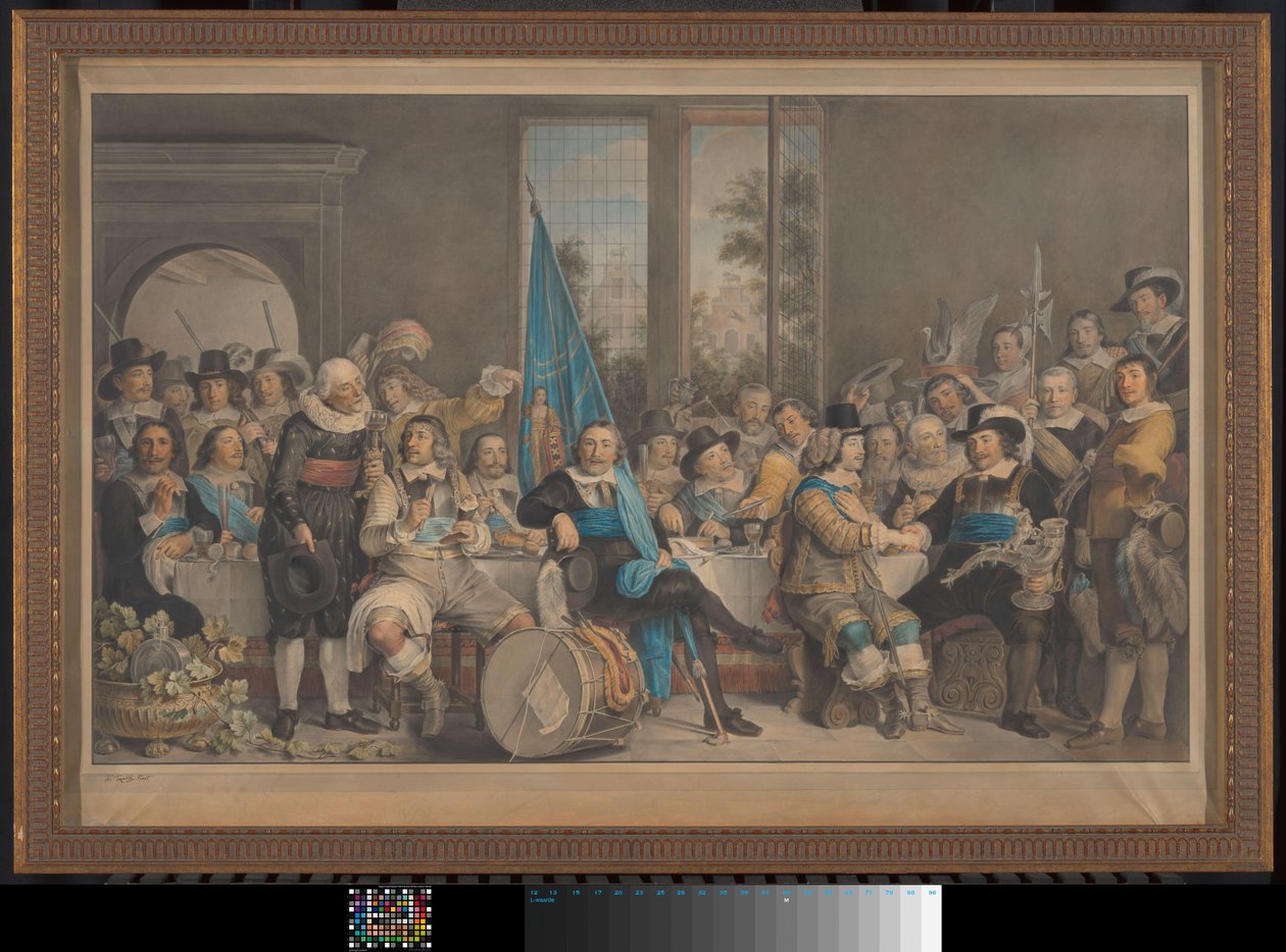 Střelecké jídlo v cíli Voetboog (St. Joris) v Amsterdamu, na oslavu uzavření míru z Munsteru, 18. června 1648 od Francesco Tozelli (signed by artist)