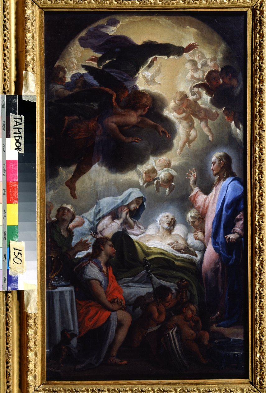 Smrt Josefa (Josefova smrt). Znázornění Nejsvětější Trojice: Ježíš Kristus, Bůh a holubice Ducha svatého (Duch svatý). Obraz Francesca Trevisaniho (1656-1746). Olej na plátně, 69,5 x 39,5 cm od Francesco Trevisani