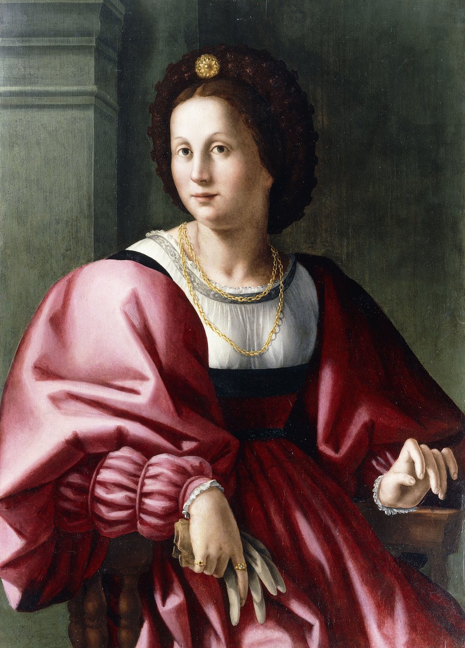 Portrét dámy, sedící tříčtvrteční, držící rukavici, od Francesco Ubertini Bacchiacca