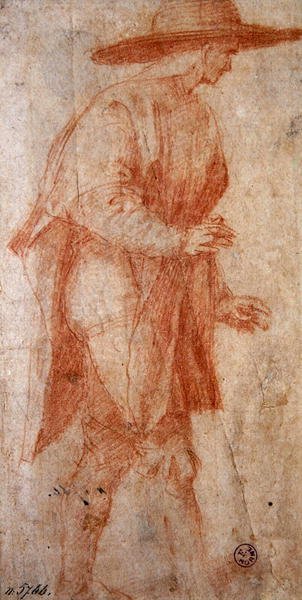 Sedlák s kloboukem (červená křída na papíře) od Francesco Ubertini Il Bacchiacca