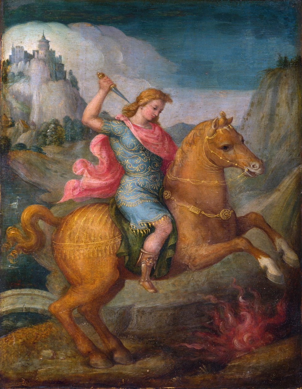 ""Marcus Curtius"" Statečný Marcus Curtius, římský občan, se obětuje římským bohům tím, že se vrhne do propasti na fóru v roce 362 př. n. l. - Obraz Francesca Ubertiniho nebo Francesca d