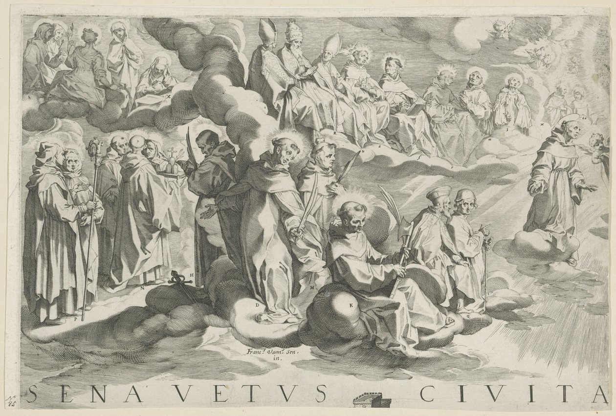 Mapa Siena (levá horní část) Senavetus civitas virginis (název na objektu) od Francesco Vanni