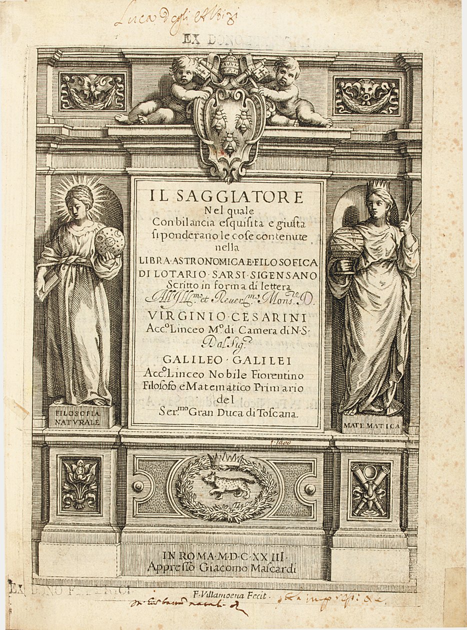 Frontispis "The Assayer" od Galileo Galilei, 1623 od Francesco Villamena