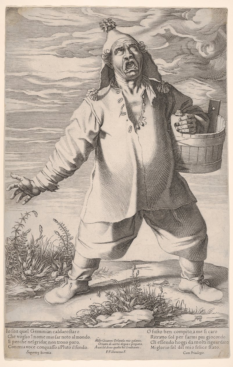 Geminiano Caldarostaro křičí a drží vanu, s kloboukem se střapcem, ca. 1597-1601. od Francesco Villamena