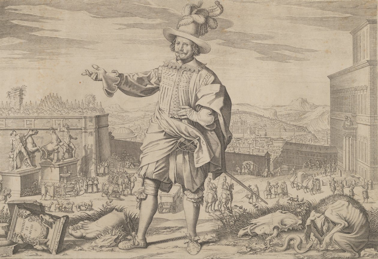 Portrét Ioannese Altuse Johanna Altena ze Švýcarské gardy, stojícího u Quirinalu a..., 1623. od Francesco Villamena