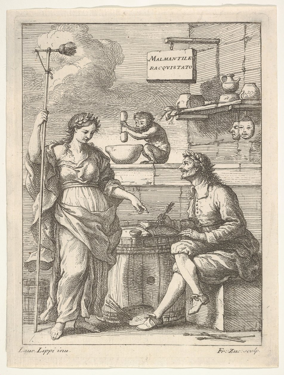 Opice pracující na hmoždíři, pod ním Lorenzo Lippi píšící své vtipné..., ca. 1710-64. od Francesco Zuccarelli