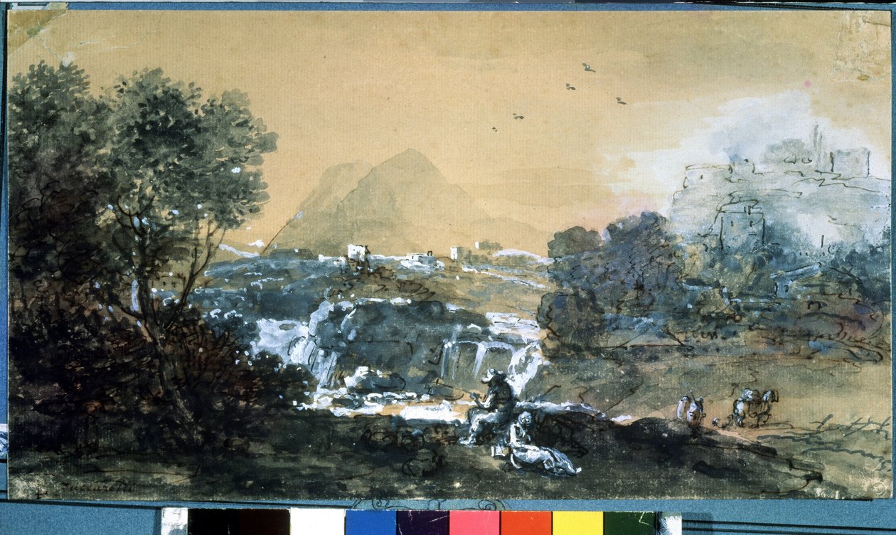 Krajina s vodopádem. Kresba Francesca Zuccarelliho (1702-1788). Akvarel a inkoust na papíře od Francesco Zuccarelli