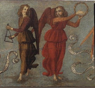 Andělé hrající na tamburínu a trojúhelník, asi 1475-97 (tempera na desce) (detail 64871, viz také 64872 a 64874) od Francesco attr. to Botticini