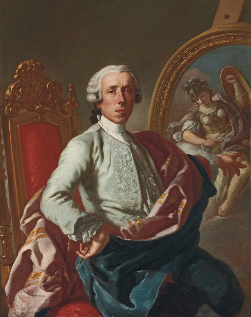 Portrét umělce, tříčtvrteční, sedící, držící tužku, u stojanu s obrázkem Minervy od Francesco de Mura