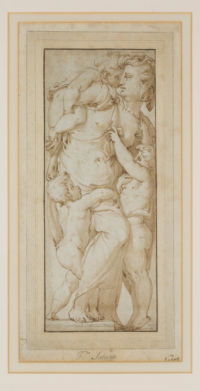Studie ženy a Putti (inkoust a mytí) od Francesco de Rossi (follower of) Salviati