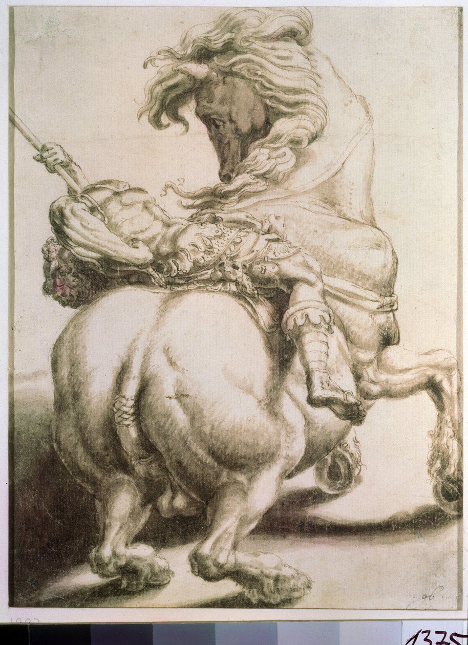 Jezdec probodnutý kopím. Kresba Francesca de Rossi (1510-1563). Grisaille na papíře, 20 x 15 cm od Francesco de Rossi Salviati
