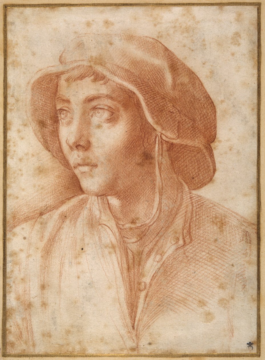 Portrét poprsí chlapce v čepici (červená křída na krémovém papíře) od Francesco de Rossi Salviati Cecchino