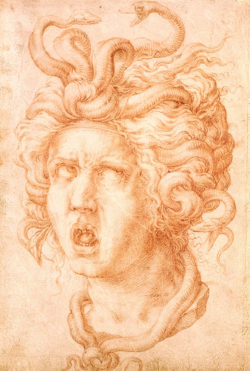 Medusa (červená křída na špinavě bílý papír) od Francesco de Rossi Salviati Cecchino