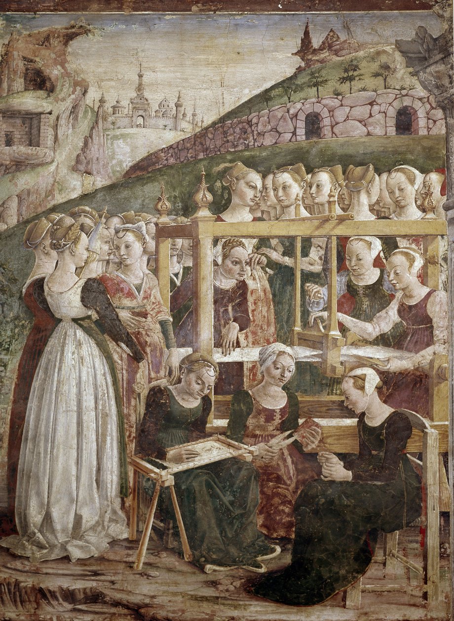 Alegorie pochodu, detail triumfu Minervy s tkaním žen) detail - freska od Francesca del Cossa (cca 1436-vers 1478) Ferrara (Ferrara) Palazzo Schifanoia, Salone dei Mesi od Francesco del Cossa