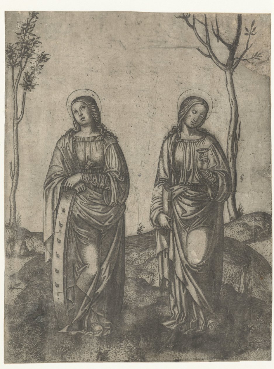 Svatá Kateřina s rozbitým kolem a Lucia s očima na talíři od Francesco di Francia (attributed to)