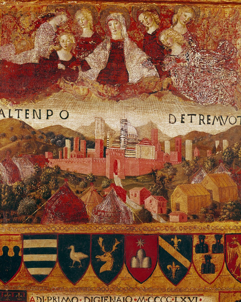 Ex voto (nebo ex voto): „“ Panna Maria chránící město Siena v době zemětřesení v letech 1466-1467““ Detail. Dřevomalba od Francesca di Giorgio Martini (1439-1502) zdobící Bicchernu (obálka účetního rejstříku města Si od Francesco di Giorgio Martini
