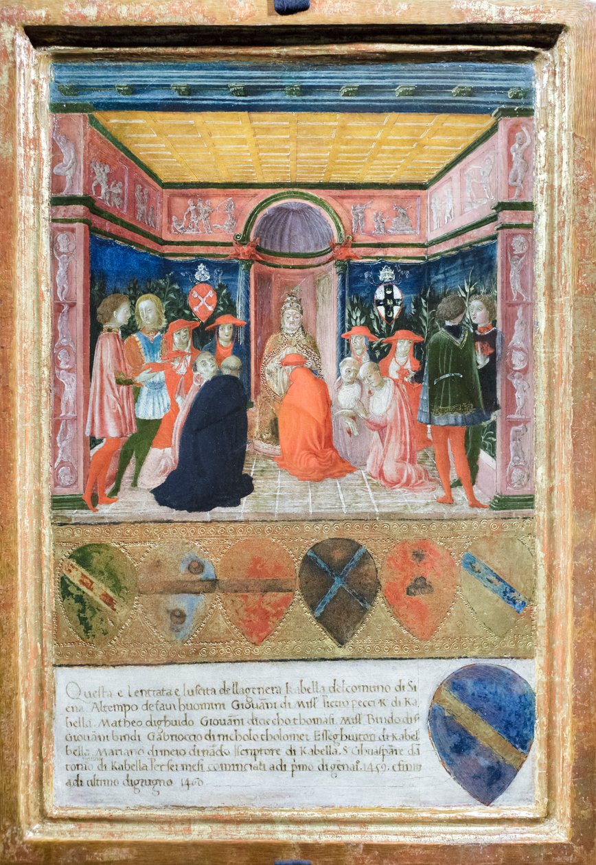 Pius II. jmenuje kardinálem svého synovce Francesca Tedeschiniho Piccolominiho, asi 1485-90 (tempera a zlato na desce) od Francesco di Giorgio Martini