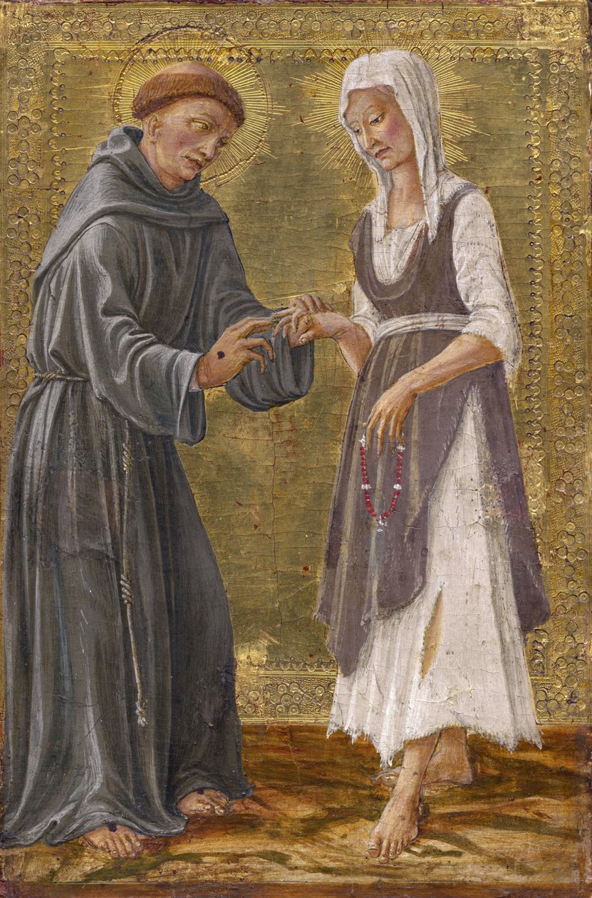 Posvátná výměna mezi svatým Františkem a paní Poverty par Francesco di Giorgio Martini (1439-1501). Tempera na panelu od Francesco di Giorgio Martini